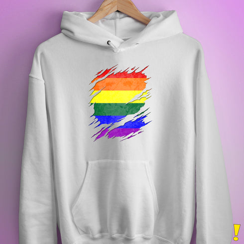 LGBTQ Pride Flag Ripped Reveal Hoodie - White